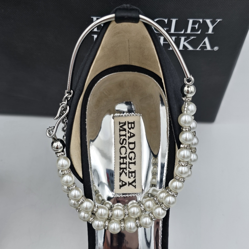 NIB Badgley Mischka Loretta Dual Pearl Strap Stiletto Heel Sandals, Black Satin - Picture 8 of 16